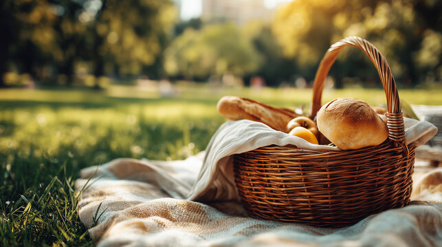 Wicker picnic basket with fresh bread on a blanket in a sunny park. Cozy outdoor picnic scene with copy space, perfect for summer leisure and family lifestyle concepts.