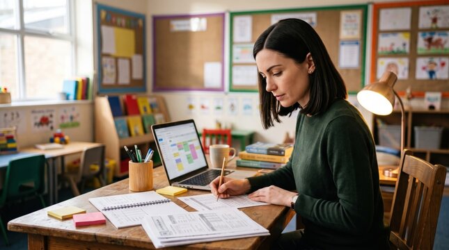 Teacher reviews blank lesson materials on laptop, creating primary school workload image about planning, preparation and quiet responsibility after school each day for pupils.