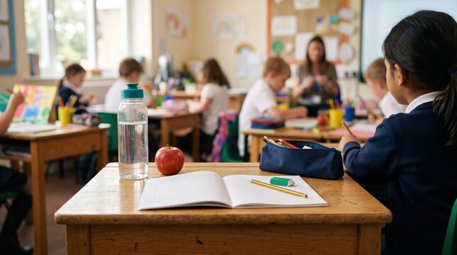 Water bottle, fruit and workbook on desk create primary school image about hydration, healthy habits and balanced daily routine during classroom learning today.