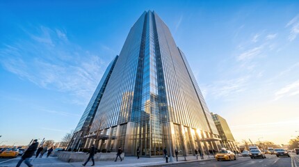 Fototapeta premium Modern skyscraper reaching into a clear winter sky for urban architecture wallpaper and design
