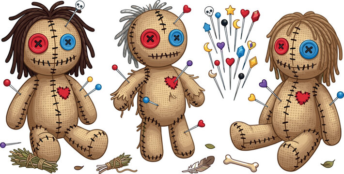 Voodoo Doll Vector Illustration Set With Spooky Fabric Puppets Sewing Pins Stitches And Magic Witchcraft Elements For Halloween Graphic Designs