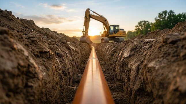 Excavator digs trench for pipe laying on a construction site with heavy machine operation.