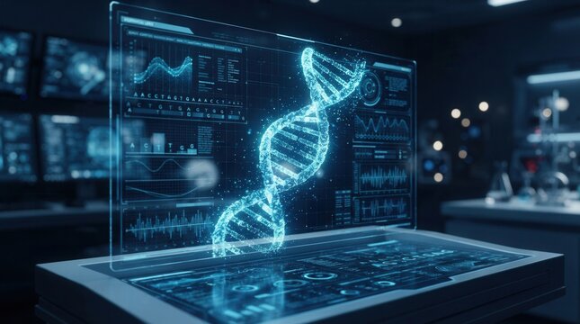 Holographic DNA helix displays on screen with data charts and graphs.