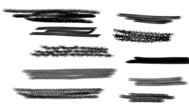 Collection of black textured brush strokes featuring sketch, charcoal, ink, spray, scribble, and rough paint effects isolated on transparent background 