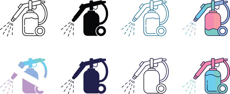 Professional chemical paint sprayer and power washing compression tank icon set for automotive detailing surface coating and agricultural disinfectionProfessional chemical paint sprayer and power wash