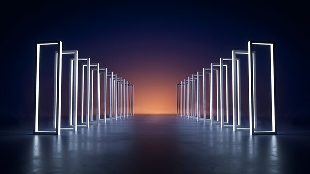 Long tunnel of glowing white rectangular light frames creating depth against deep dark background