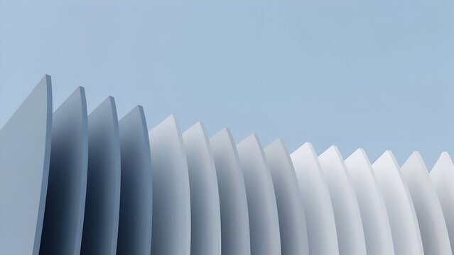 Minimalist architectural abstract featuring curved white vertical fins against soft blue sky background