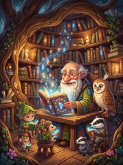 Fototapeta premium Wise old man reading a magical book surrounded by forest creatures 
