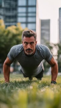 Determined male athlete in a grey t shirt doing push ups on grass, blending urban lifestyle with outdoor exercise. Healthy living and motivation concept in a vibrant city environment