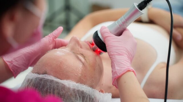Woman enjoy professional rf lifting facial treatment on face and neck, with cosmetologist in pink gloves expertly operating device for skin rejuvenation and anti-aging benefits