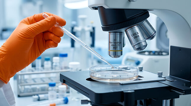 Scientist in orange gloves using a pipette to add liquid to a petri dish on a laboratory microscope with microscope