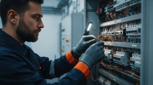 Inside a commercial building, an electrician wearing gloves performs precision work on circuit breakers and fuses in an electrical panel.