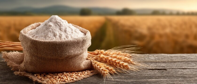 Flour sack on wooden table with wheat field background still life studio shot food photography