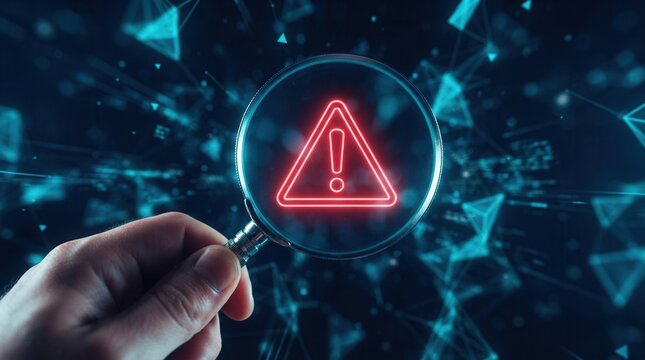 A red triangle exclamation mark warning sign is found in a digital network data flow by a system engineer.