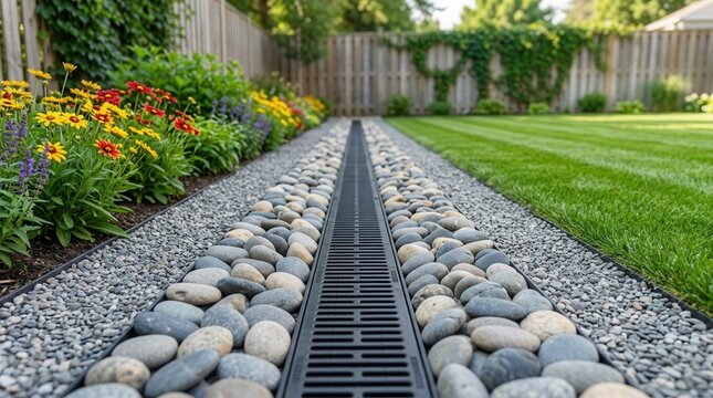 Landscape design and water runoff solution featuring a French drain system in a garden
