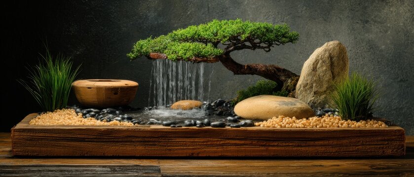 Serene Bonsai Waterfall Displaying Tranquility and Zen Garden Elements in a Studio Setting with Smooth Stones and Green Moss