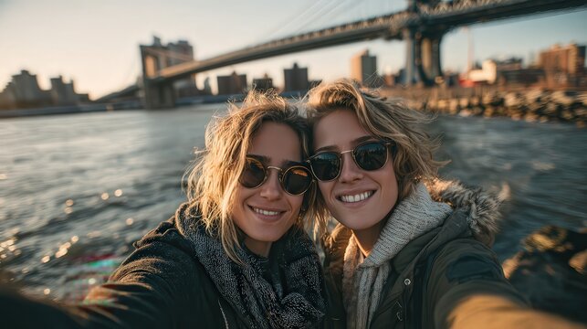 Two smiling young women taking a selfie together with the Brooklyn Bridge in the background on a sunny day.