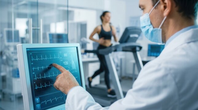 A lab monitors a runner's vitals during an exercise test with a doctor analyzing heart rate data on a screen.