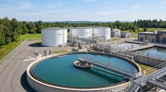 Industrial water treatment facility with large tanks and circular clarifiers under a clear sky
