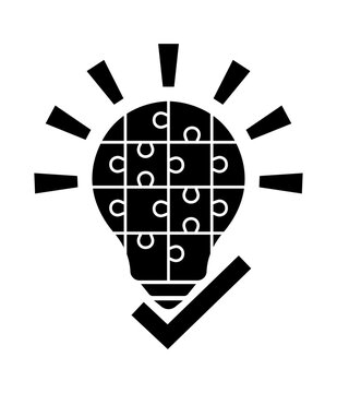 Minimalist success icon vector design featuring a light bulb made of puzzle pieces with a check mark