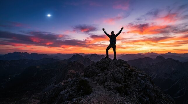 Successful Man Silhouette on Mountain Peak Celebrating Under Colorful Sunset Sky
