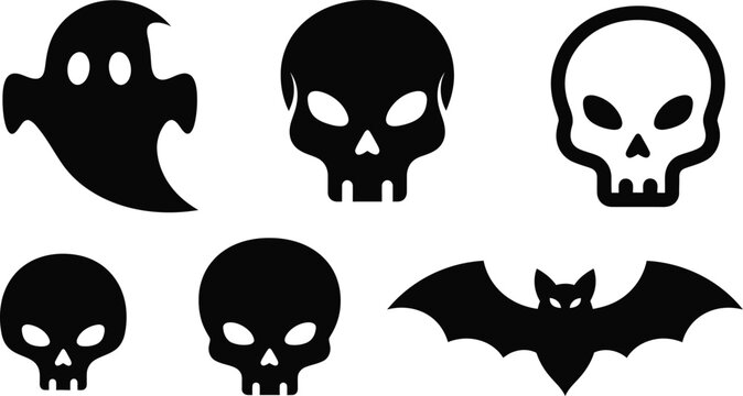 Halloween spooky icon set featuring skulls ghosts and bats isolated on transparent background silhouette