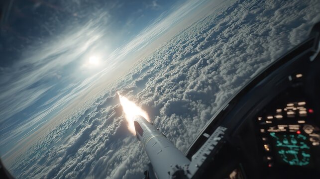 Missile Launch from Fighter Jet Cockpit &ndash; Dramatic First-Person View Above Clouds and Sunlight