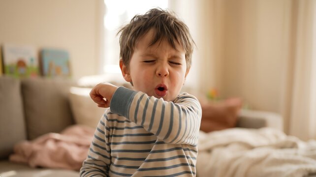 Child Sneezing into Elbow: A young boy in striped pajamas sneezes into his elbow, eyes squeezed shut in discomfort, capturing the relatable moment of childhood illness.