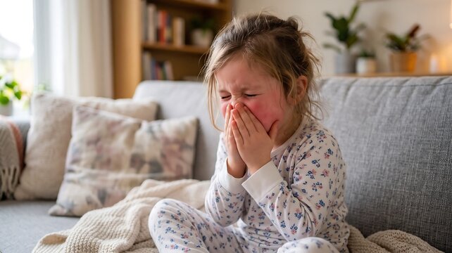 Crying Child Suffering Allergy Symptoms: A young child, overwhelmed by allergies, sits on a couch, covering her nose and mouth with her hands as tears stream down her face.