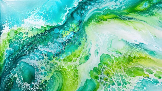 Abstract fluid art painting with vibrant turquoise, emerald green, and lime colors, creating a dynamic liquid marble or ocean wave effect