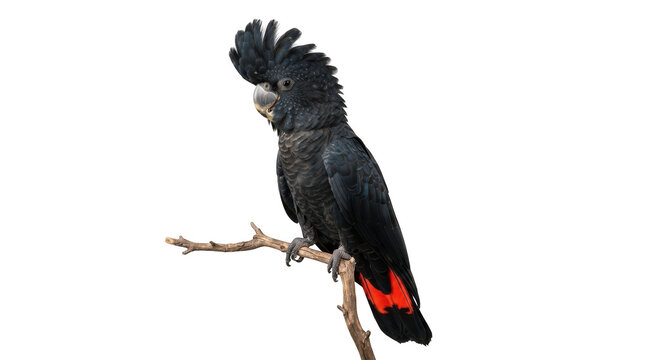Redtailed black cockatoo perched on a branch isolated on transparent background
