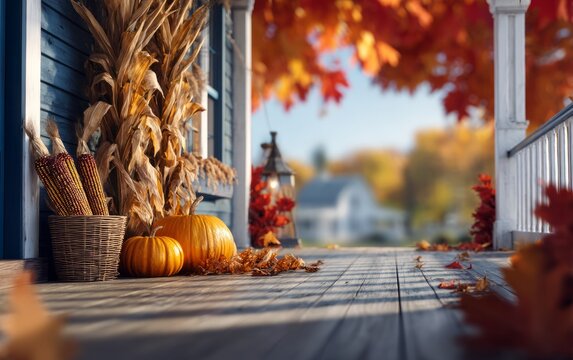 Cozy autumn porch scene with pumpkins corn stalks basket and fall leaves