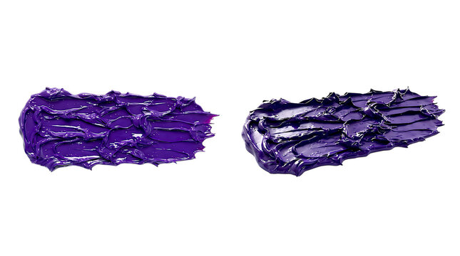 Purple oil paint strokes with thick impasto texture on transparent background for artistic brushwork smears violet acrylic smudge cosmetic cream swatch or makeup product sample illustration.