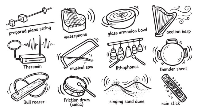 Collection of experimental musical instruments and sound production tools.