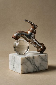 A minimalist conceptual gallery art piece featuring a weathered, rusty chrome faucet balanced on a transparent glass sphere over a marble pedestal.