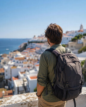 Solo backpacker overlooks a sunlit Mediterranean coastal town and blue sea from a rooftop viewpoint, capturing freedom, discovery, and independent travel.