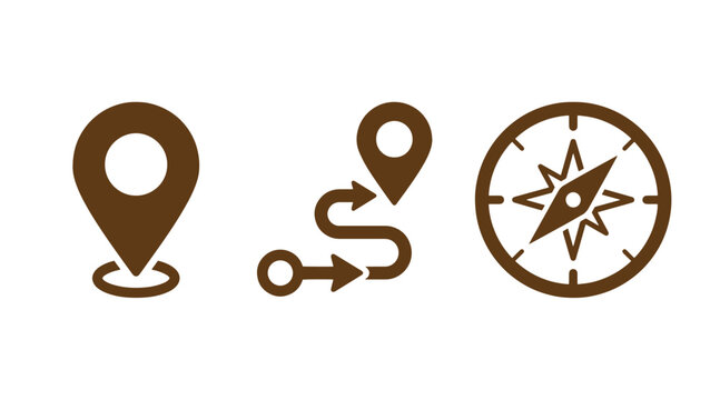 Set of travel navigation and location map icons in flat brown design with location navigation destination direction orientation position wayfinding adventure geography