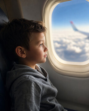 Curious child gazes through an airplane window above the clouds, expressing wonder, anticipation, and the excitement of a family flight.