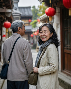 Senior couple explores a traditional lantern-lined East Asian alley, with the smiling woman in focus and historic architecture softly blurred behind.