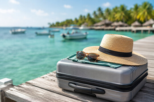 Suitcase topped with a straw hat and sunglasses rests on a tropical pier, with turquoise lagoon, boats, palms, and resort huts softly blurred behind.