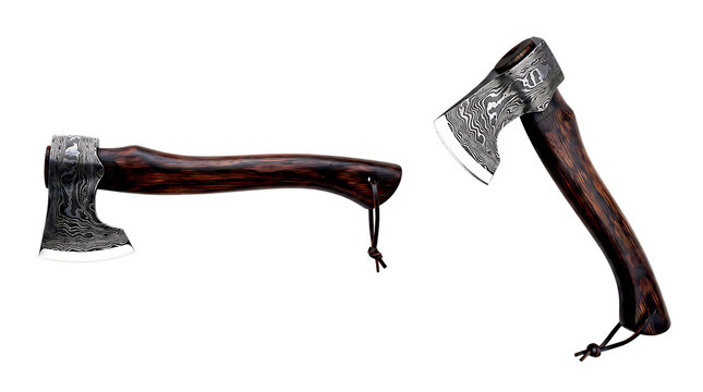 Hand forged damascus steel axe with wood handle isolated on transparent background featuring unique metal patterns and leather lanyard for camping survival equipment or traditional woodsman gear.