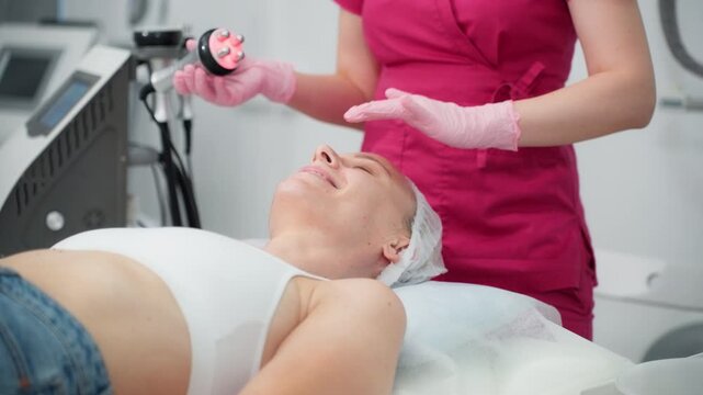 Woman receiving professional facial treatment at beauty clinic while taking time for self-care and healthy skin maintenance. skin appearance, support facial wellness,promote consistent beauty routine