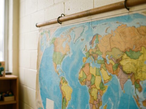 Vintage world map hanging in classroom with soft natural lighting