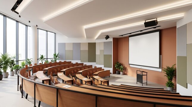 Bright modern university lecture hall interior with tiered seating and contemporary design