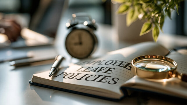 Bright desk still life close up of an open notebook with employee leave policies lettering beside a small alarm clock a pen and a magnifying glass on a clean white surface soft