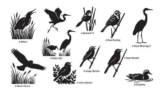 Marshland birds vector silhouette collection featuring bittern egret heron and warbler species.