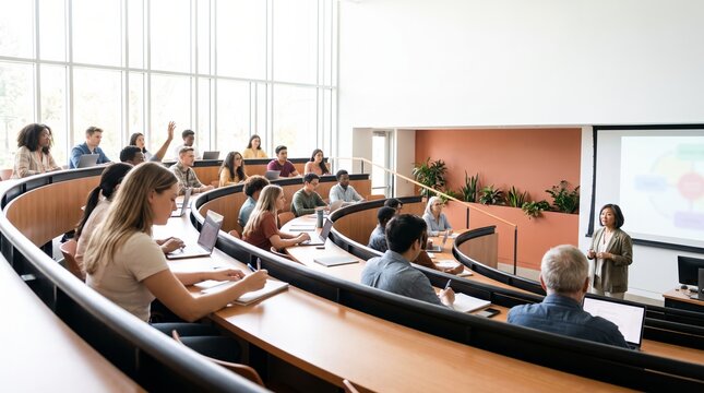 Diverse students attending a lecture in a bright modern university lecture hall