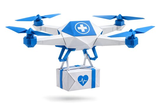 Paper Origami Medical Drone Delivering Healthcare Package Isolated on White Background