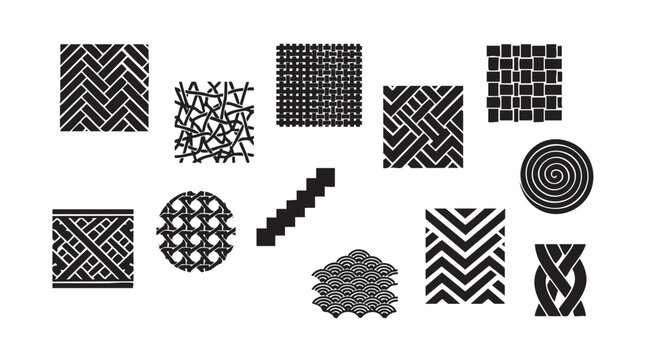 Set of isolated black and white geometric patterns on white background for backgrounds.