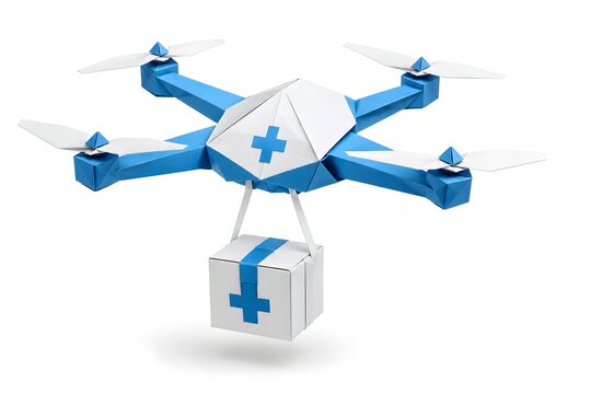 Paper Origami Medical Drone Delivering Healthcare Package Isolated on White Background